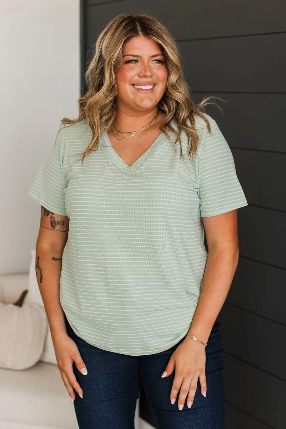 Radiate Confidence Striped V-Neck Top- Mint