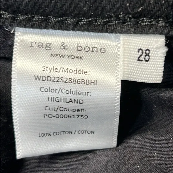 RAG &amp; BONE Alex High Rise Straight Leg Jeans Black Cotton Denim Buttonfly 28