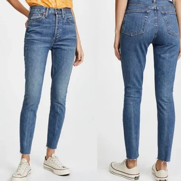RE/DONE High Rise Wide Leg Crop Jeans size 27 Raw Hem Button Fly Redone