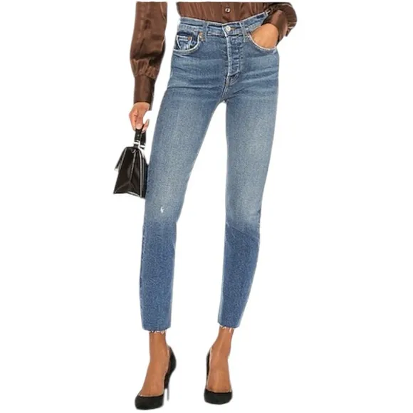 RE/DONE High Rise Wide Leg Crop Jeans size 27 Raw Hem Button Fly Redone