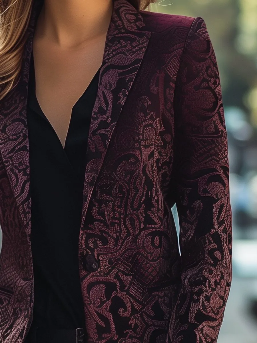 Regal Burgundy Jacquard Satin Blazer
