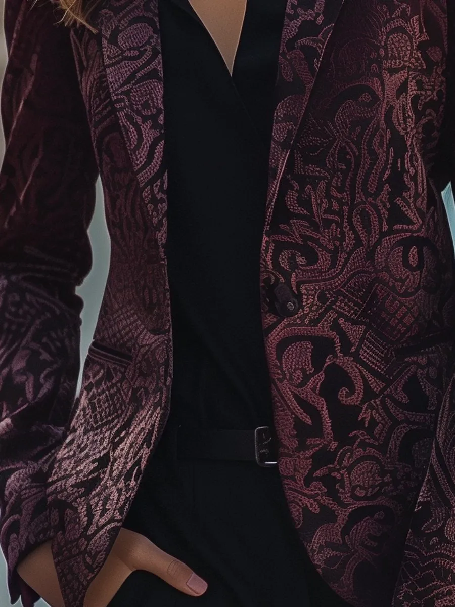 Regal Burgundy Jacquard Satin Blazer