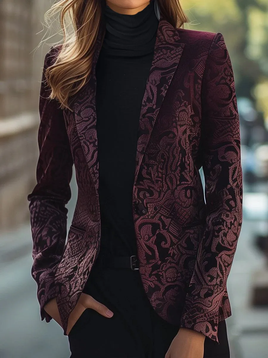 Regal Burgundy Jacquard Satin Blazer