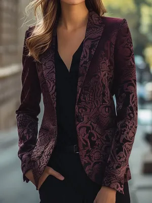Regal Burgundy Jacquard Satin Blazer