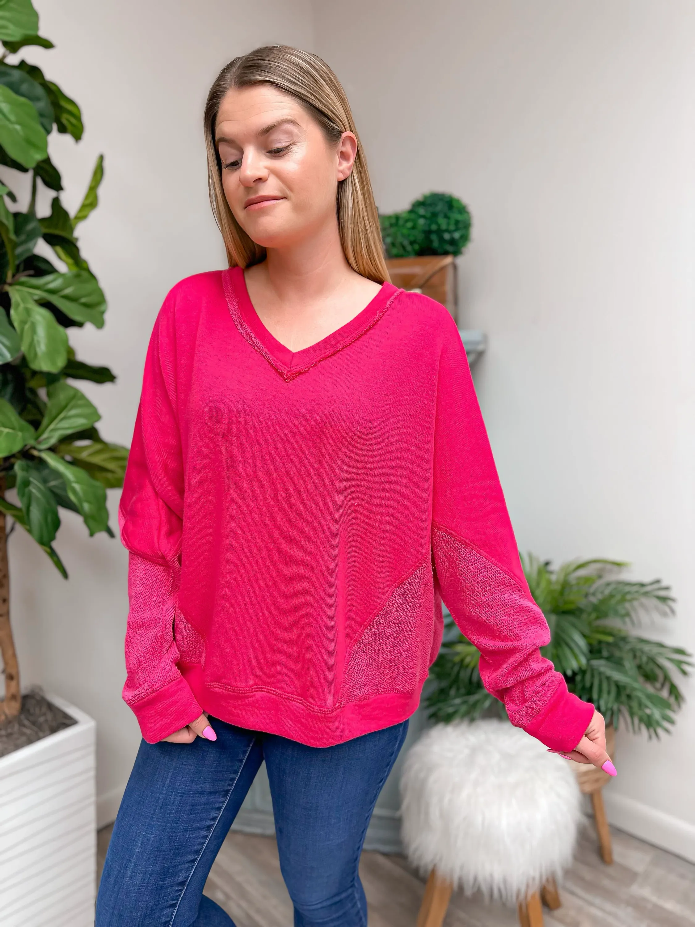Relaxed Fit Raw Edge V-Neck Top by Sew In Love