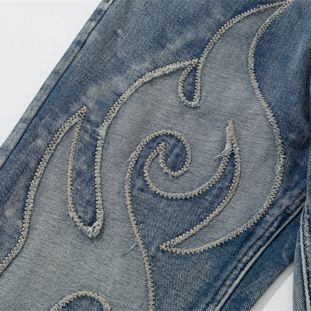 Retro Flame Patchwork Straight Fading Jeans