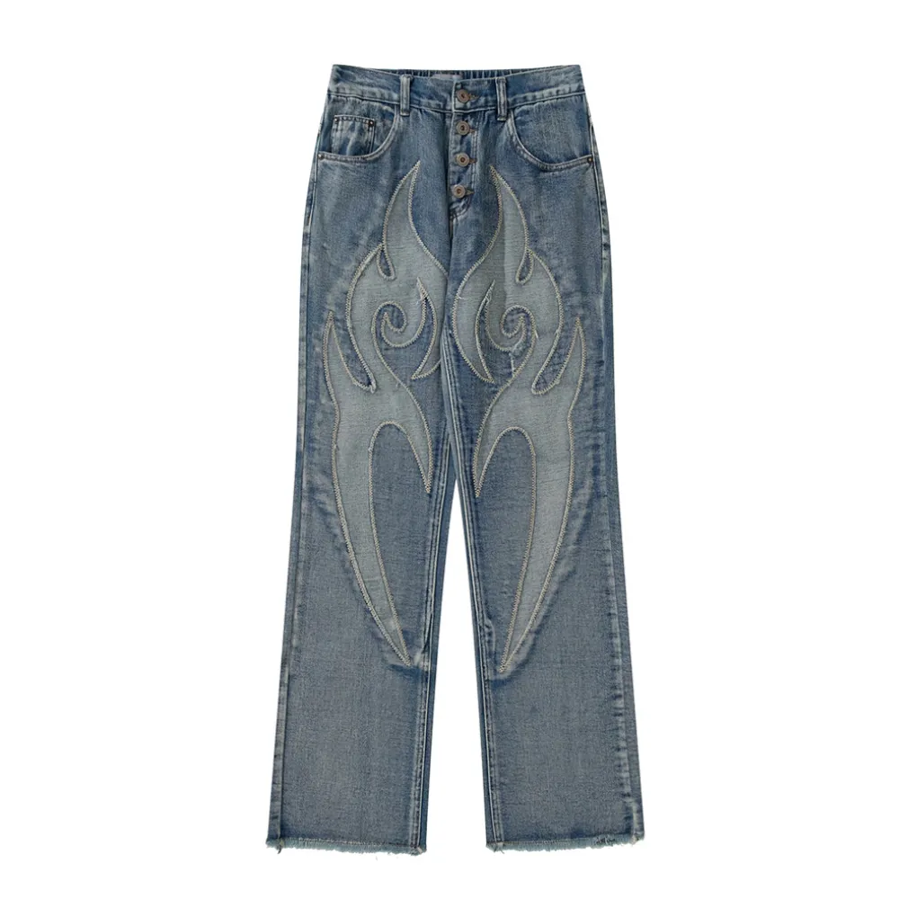 Retro Flame Patchwork Straight Fading Jeans