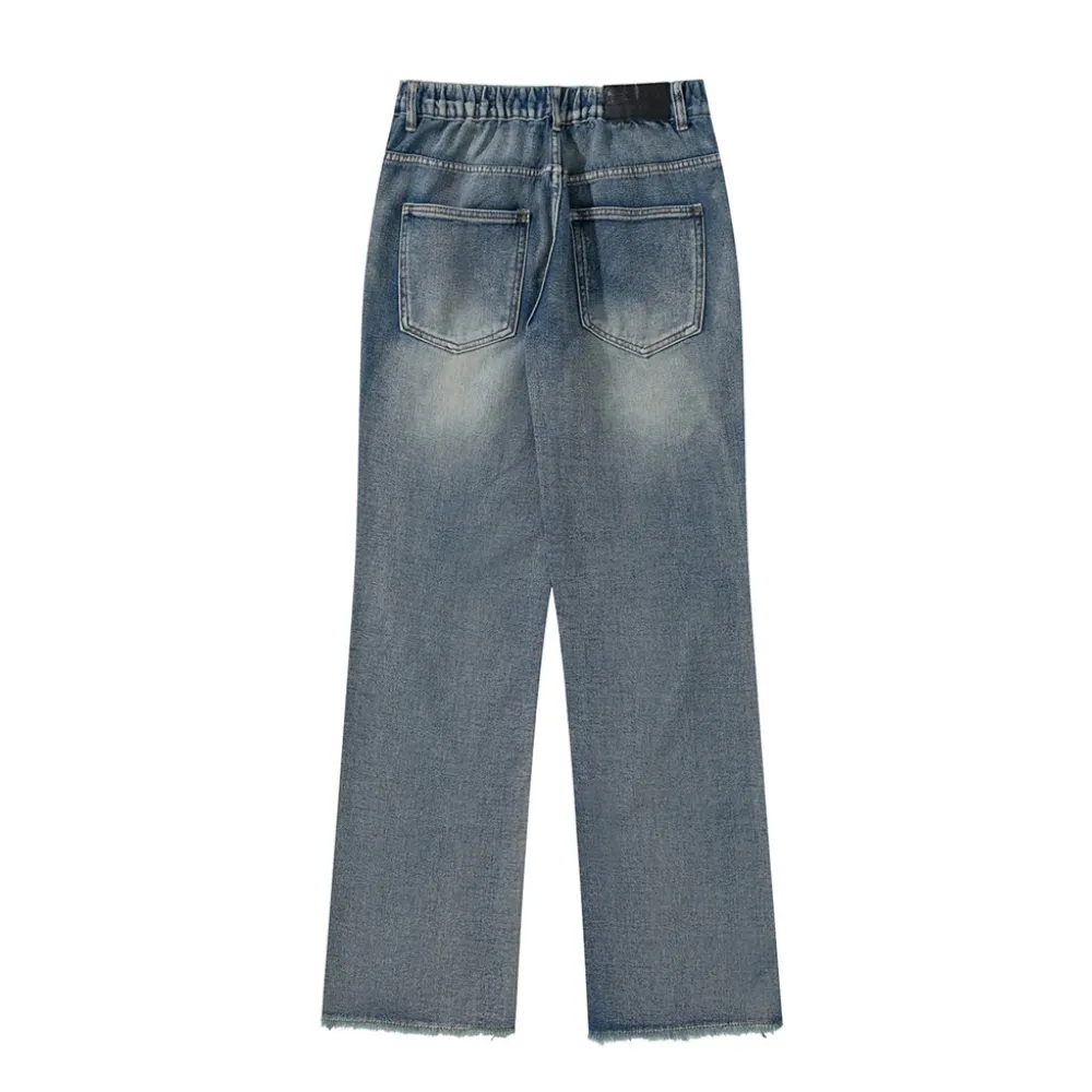 Retro Flame Patchwork Straight Fading Jeans