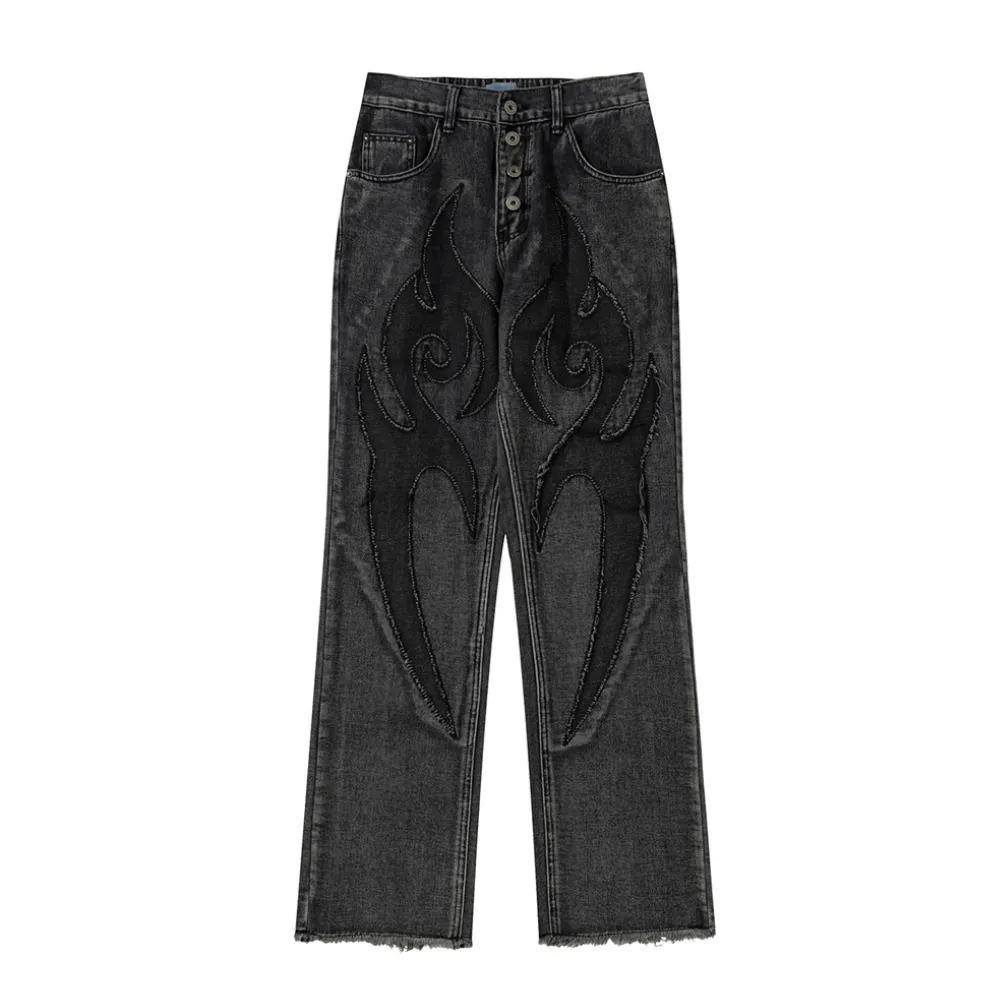 Retro Flame Patchwork Straight Fading Jeans