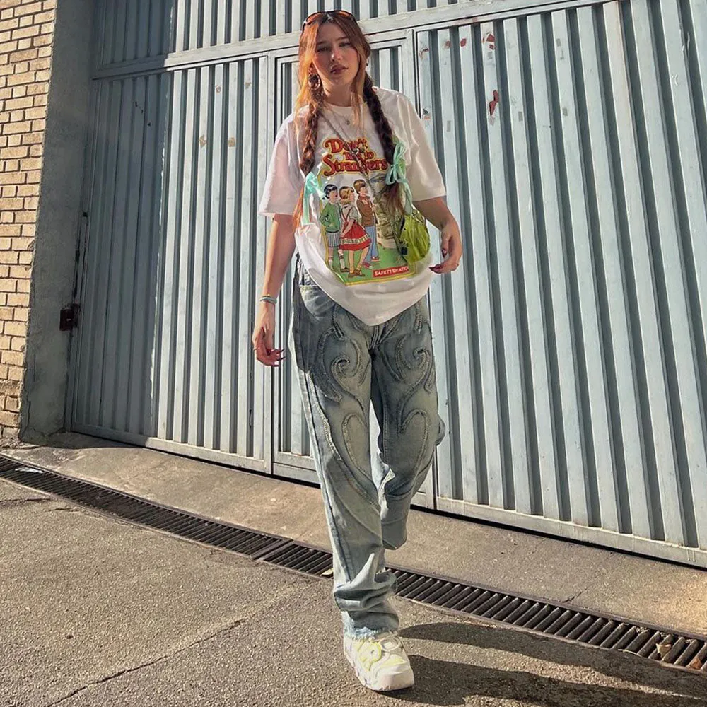 Retro Flame Patchwork Straight Fading Jeans