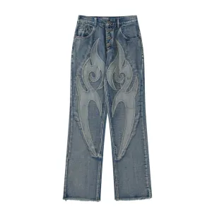 Retro Flame Patchwork Straight Fading Jeans