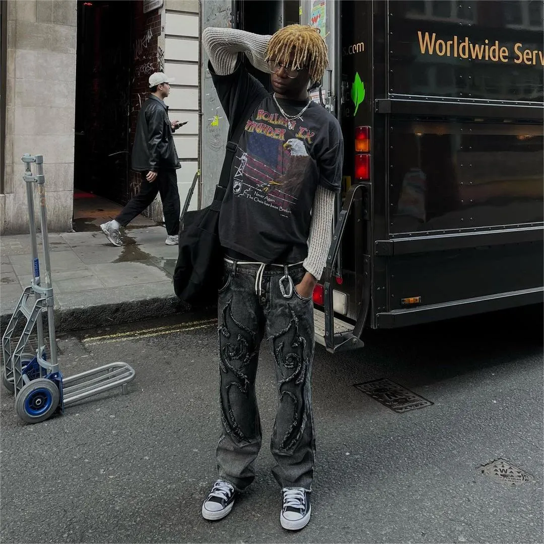 Retro Flame Patchwork Straight Fading Jeans
