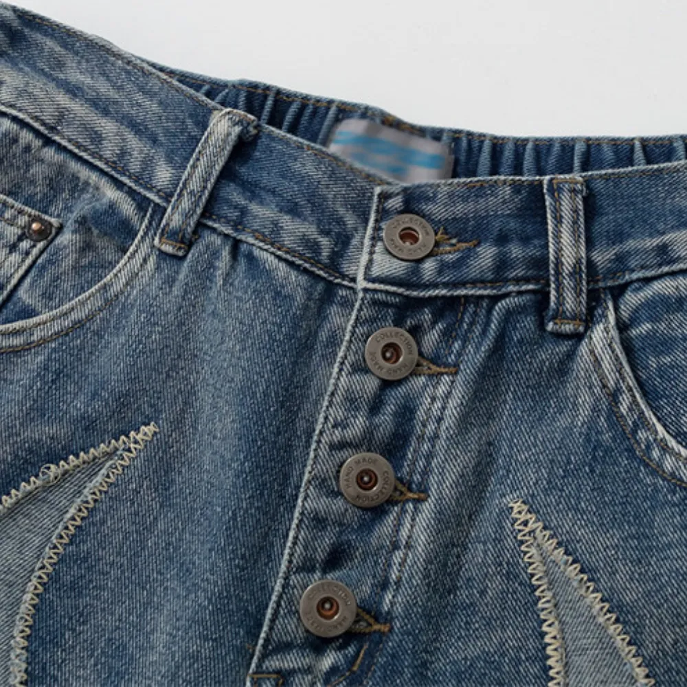 Retro Flame Patchwork Straight Fading Jeans