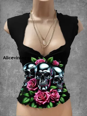 Retro Punk Floral Print V Neck Casual Top