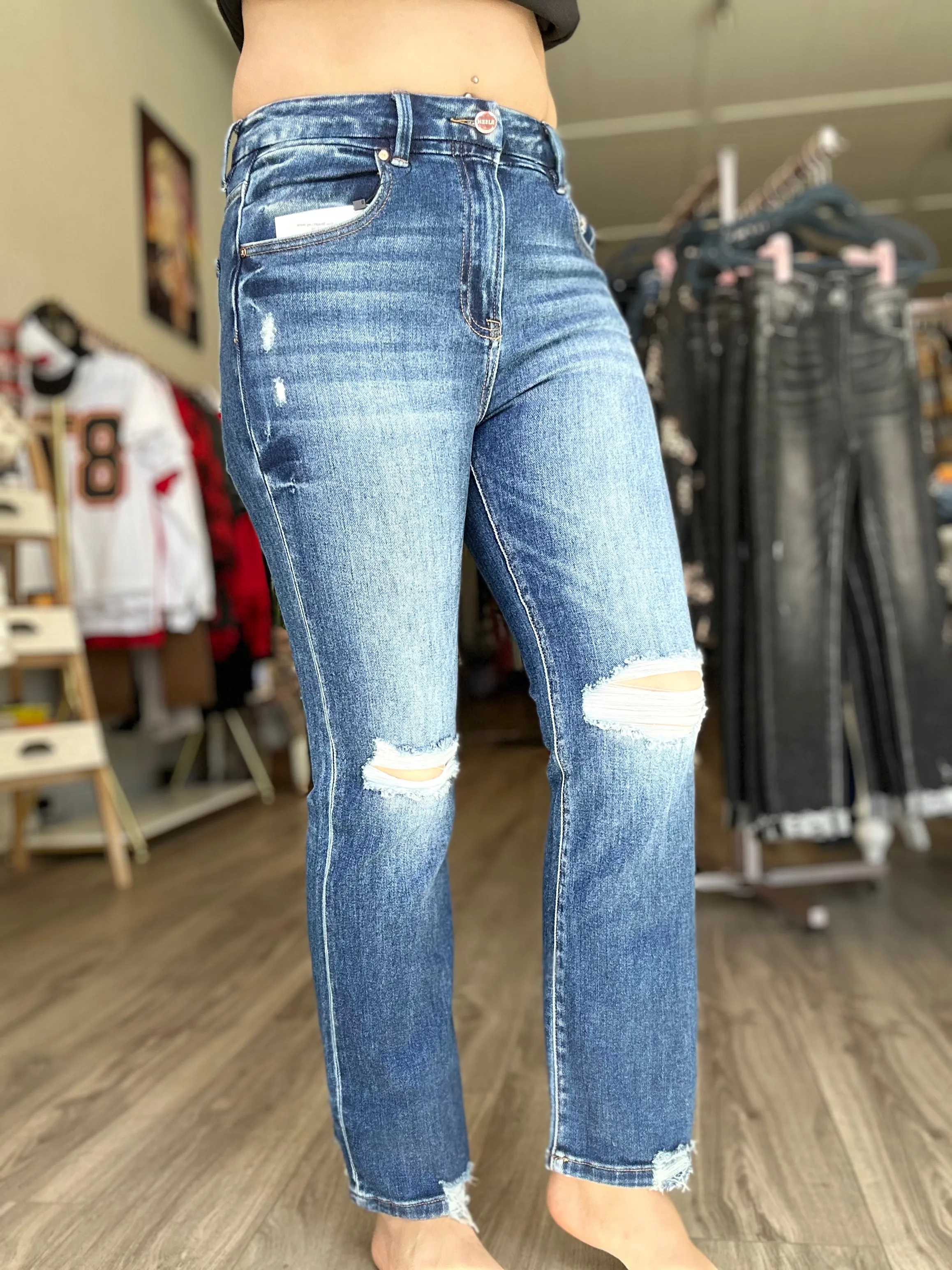 Risen High Rise Straight Leg Jeans