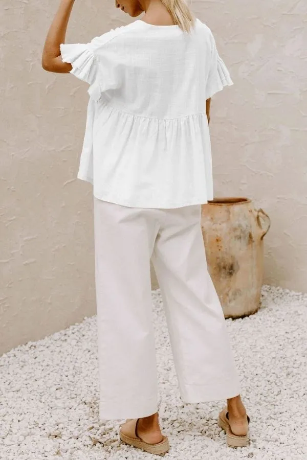 Ruffle Hem V Neck Lotus Sleeve T-shirt