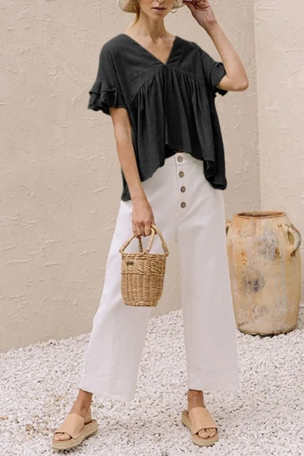 Ruffle Hem V Neck Lotus Sleeve T-shirt