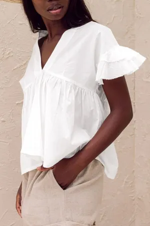 Ruffle Hem V Neck Lotus Sleeve T-shirt