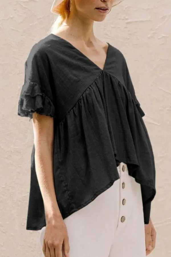 Ruffle Hem V Neck Lotus Sleeve T-shirt