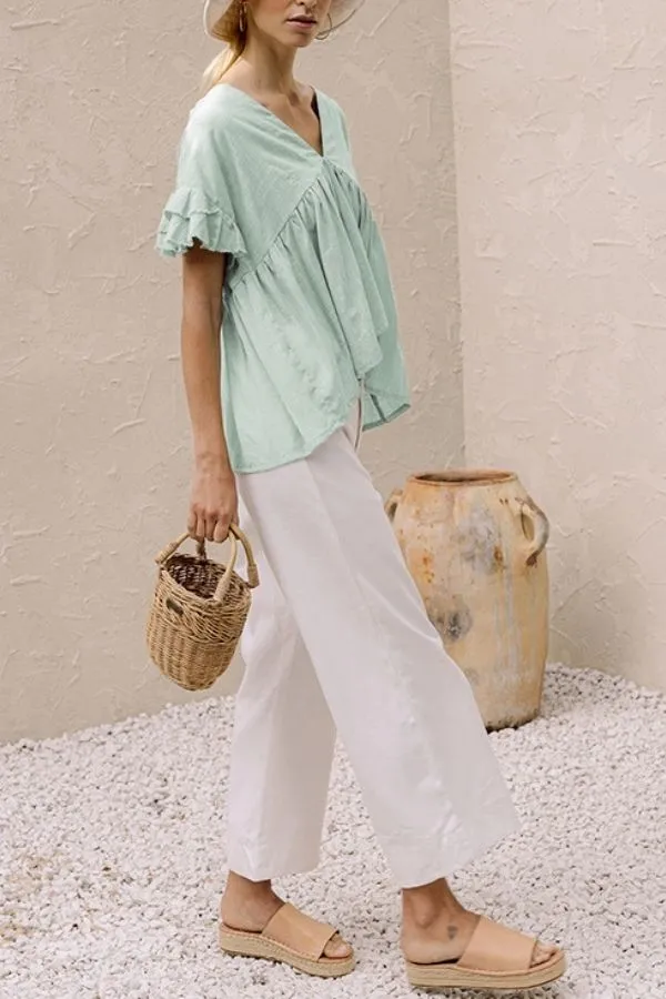 Ruffle Hem V Neck Lotus Sleeve T-shirt