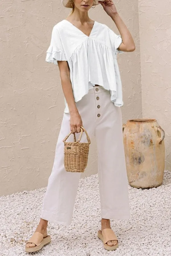 Ruffle Hem V Neck Lotus Sleeve T-shirt