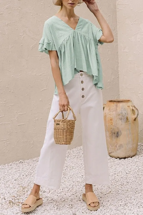 Ruffle Hem V Neck Lotus Sleeve T-shirt