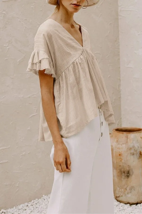 Ruffle Hem V Neck Lotus Sleeve T-shirt