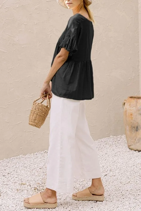 Ruffle Hem V Neck Lotus Sleeve T-shirt