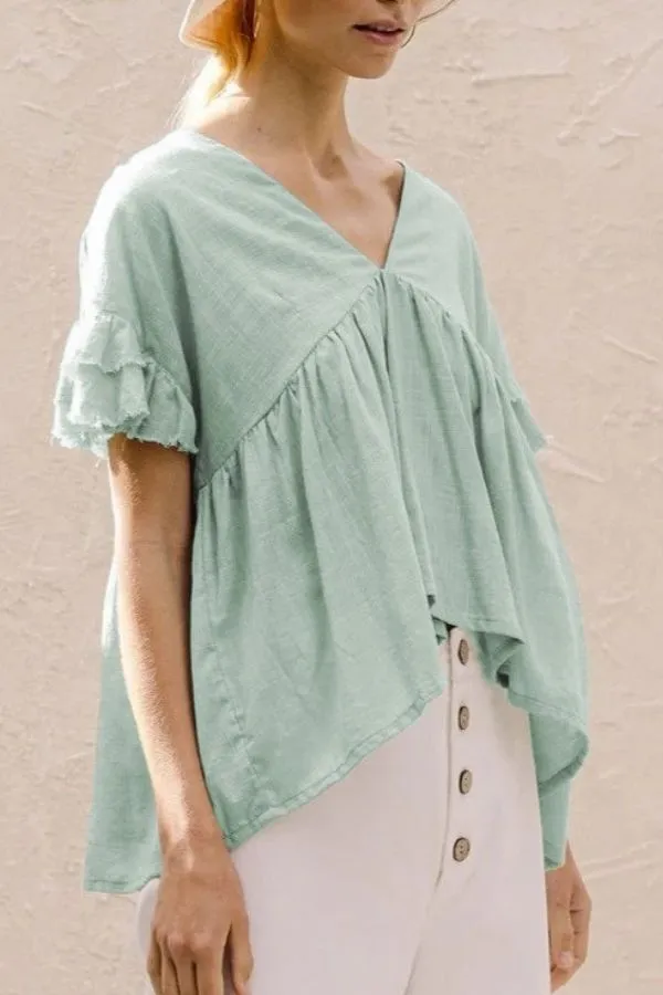 Ruffle Hem V Neck Lotus Sleeve T-shirt