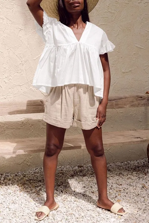 Ruffle Hem V Neck Lotus Sleeve T-shirt