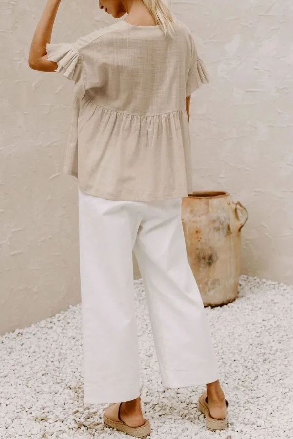 Ruffle Hem V Neck Lotus Sleeve T-shirt