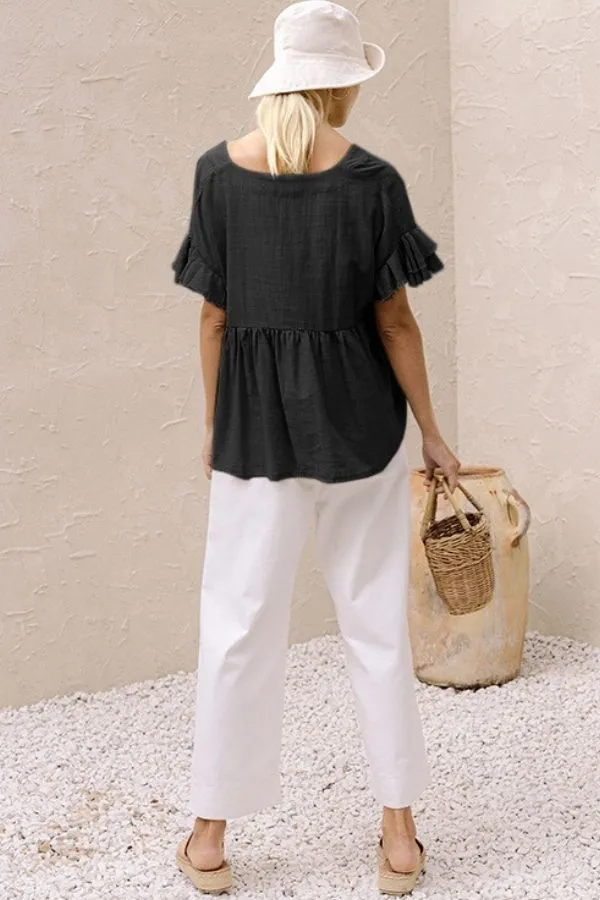 Ruffle Hem V Neck Lotus Sleeve T-shirt