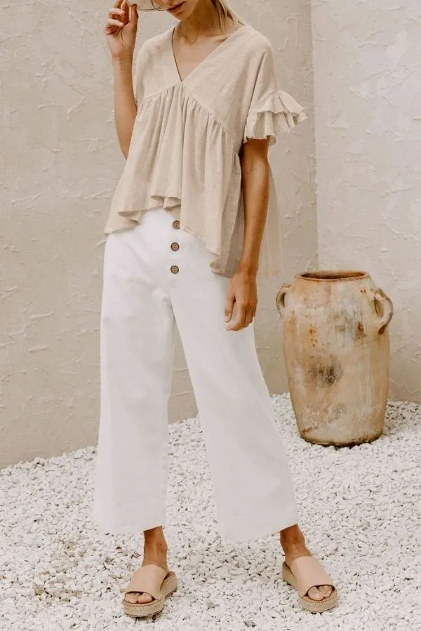 Ruffle Hem V Neck Lotus Sleeve T-shirt