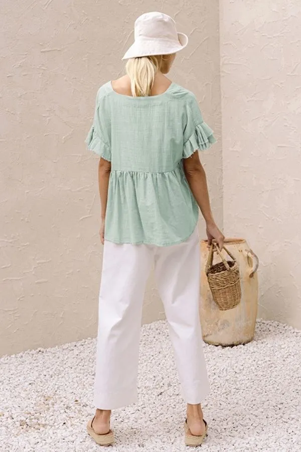 Ruffle Hem V Neck Lotus Sleeve T-shirt