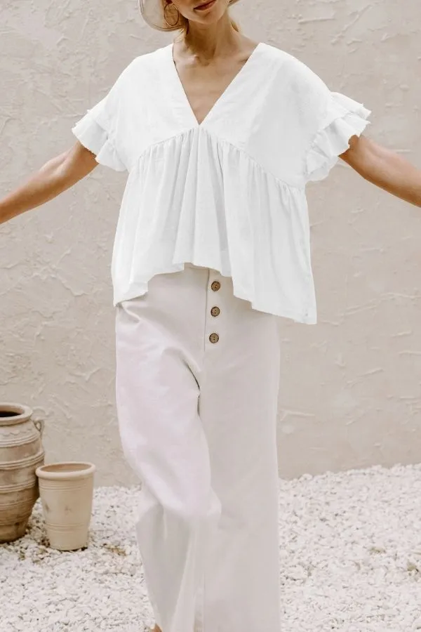Ruffle Hem V Neck Lotus Sleeve T-shirt