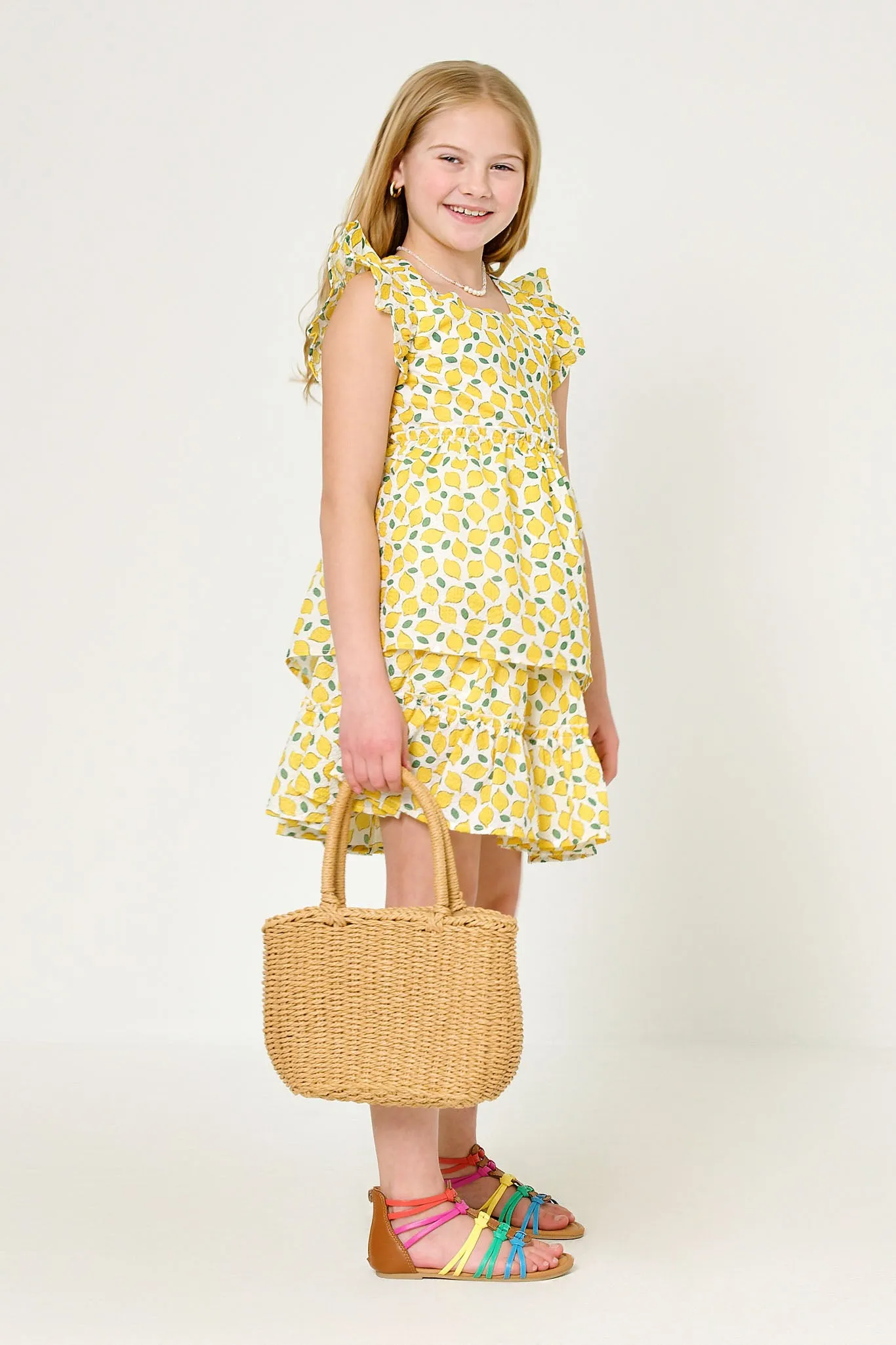 Ruffle Sleeve Lemon Print Peplum Top