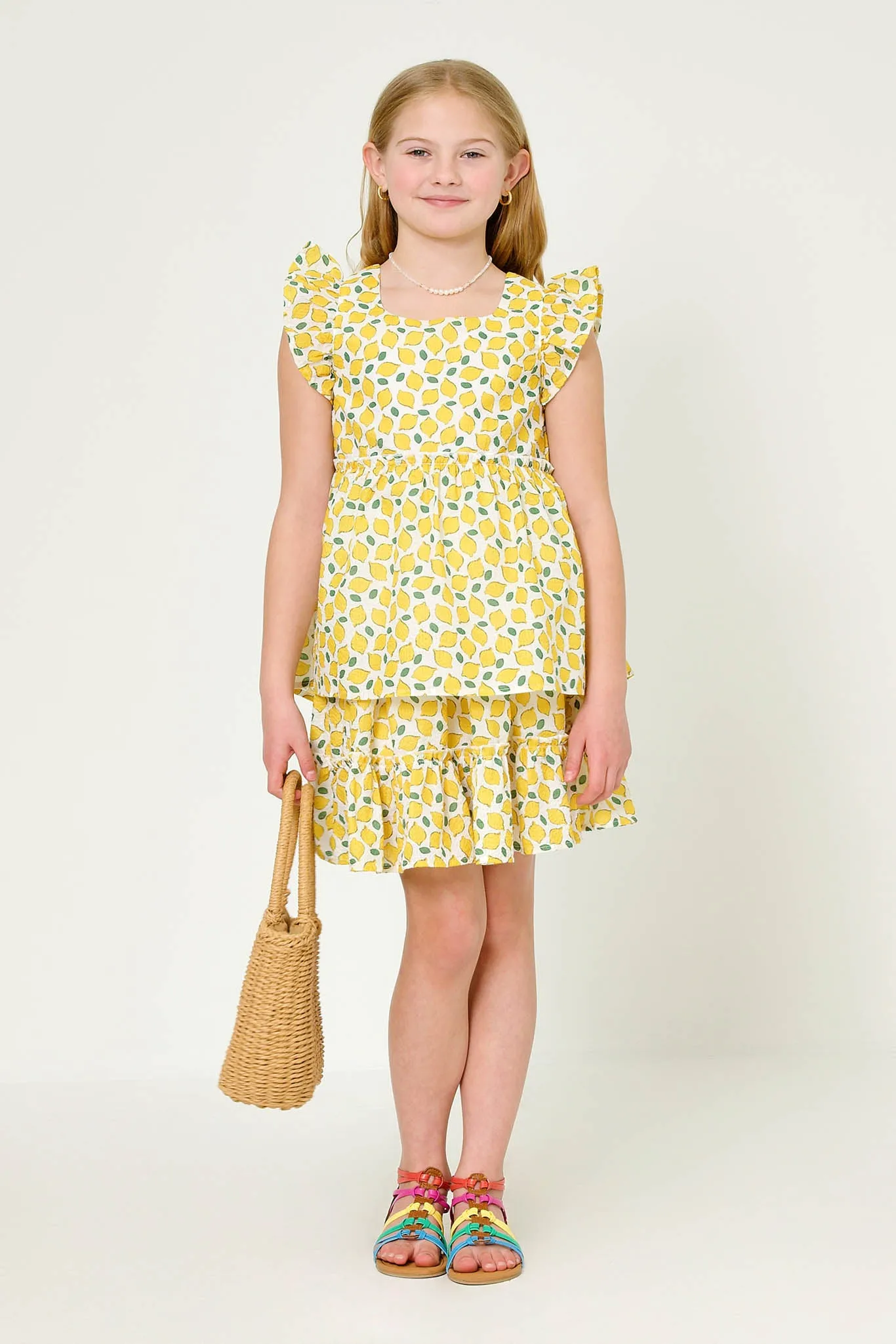 Ruffle Sleeve Lemon Print Peplum Top