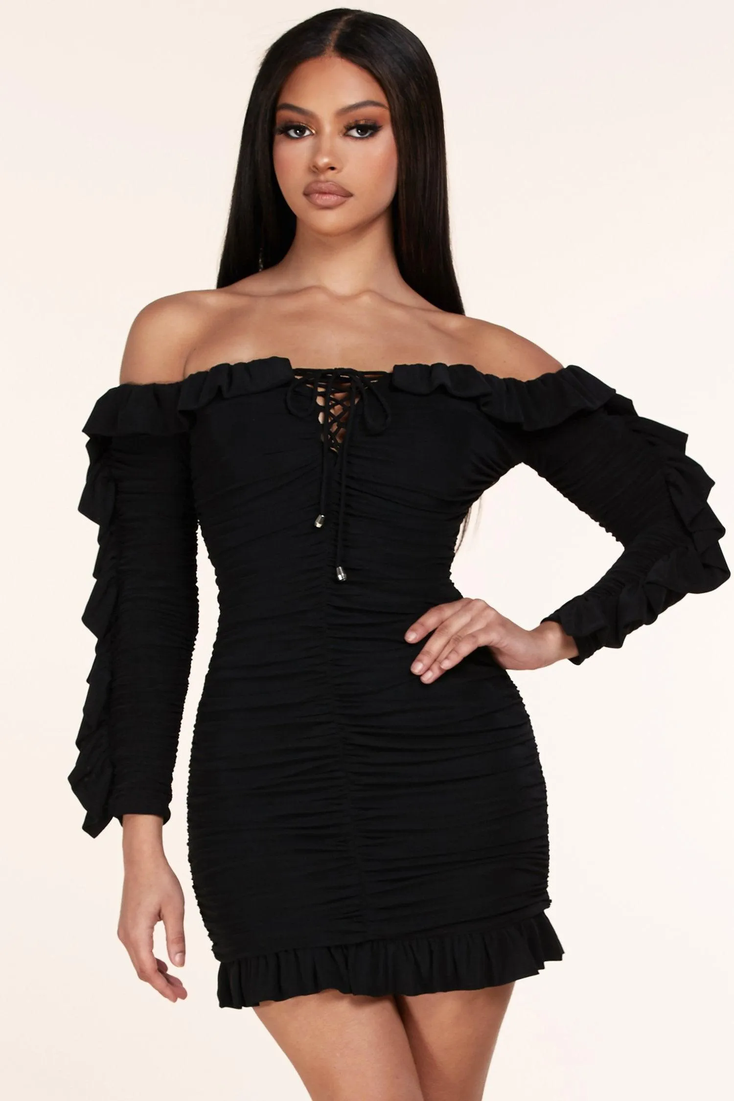 RUSHED BODY CON MINI DRESS