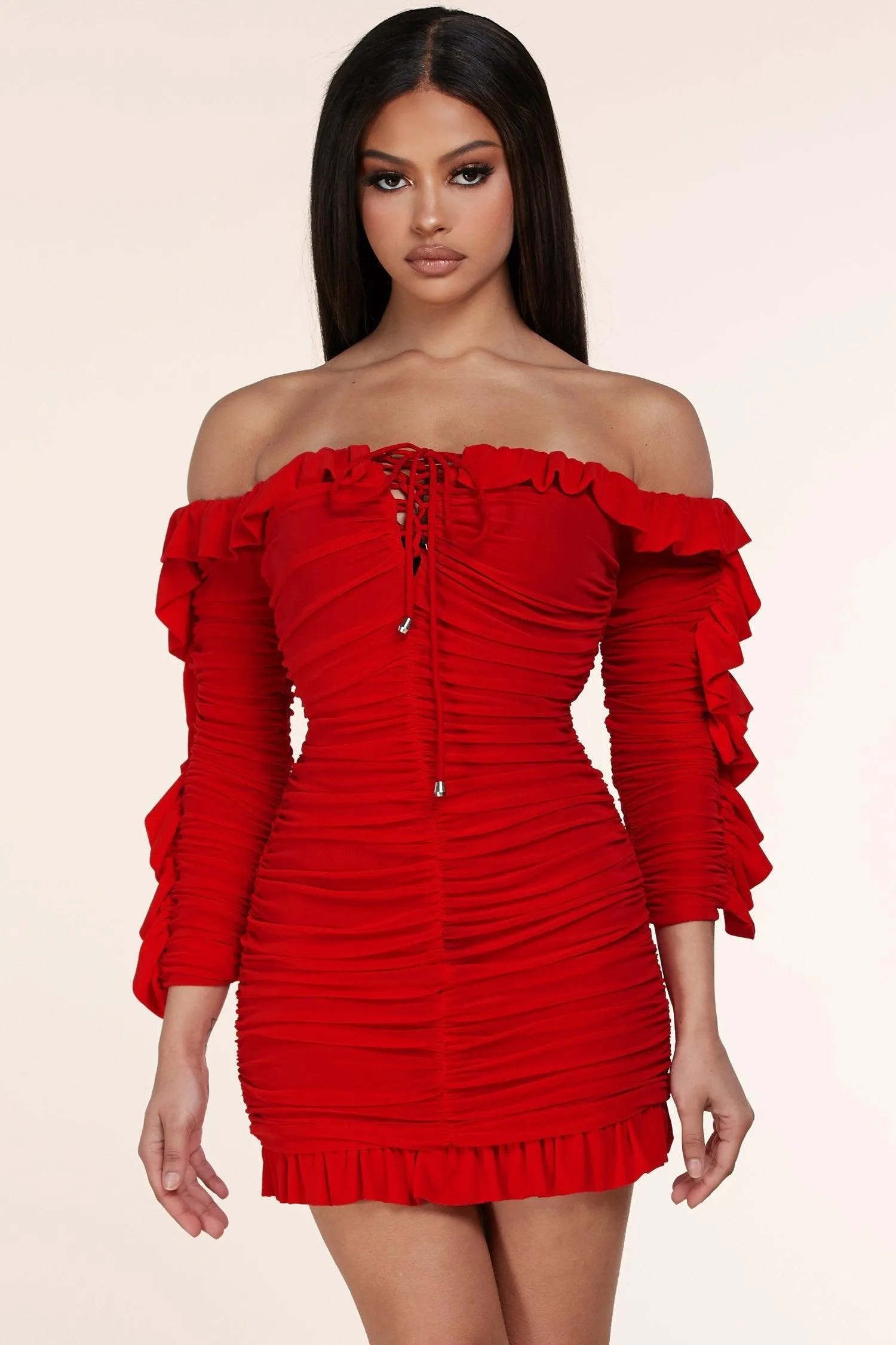 RUSHED BODY CON MINI DRESS