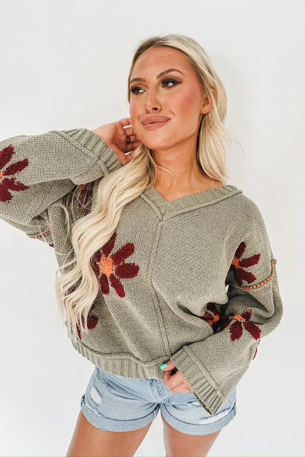 sage Green Flower Knit Ribbed Trim V Neck Sweater