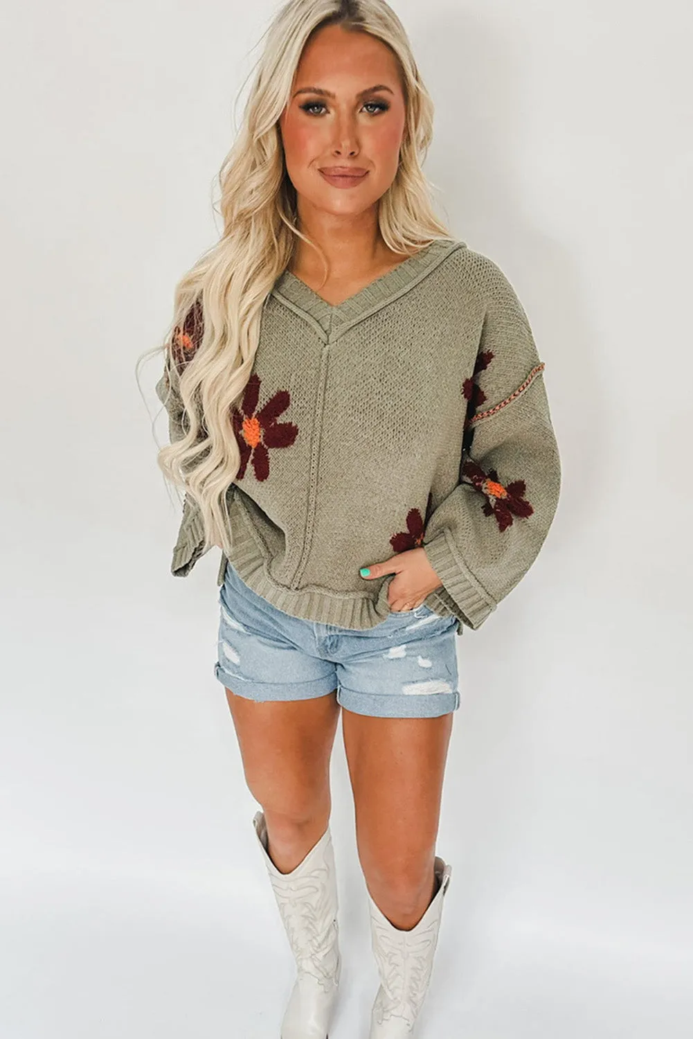 sage Green Flower Knit Ribbed Trim V Neck Sweater