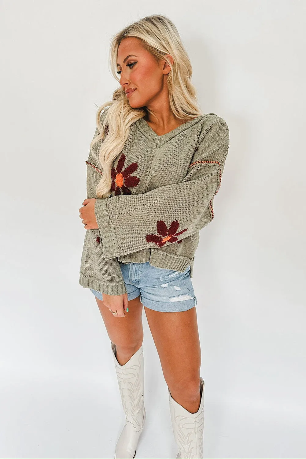 sage Green Flower Knit Ribbed Trim V Neck Sweater