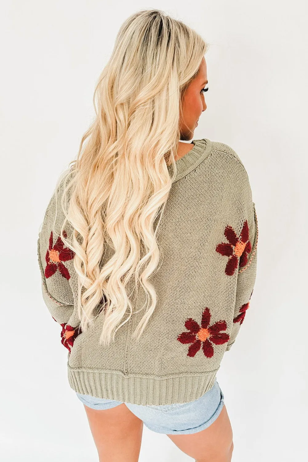 sage Green Flower Knit Ribbed Trim V Neck Sweater