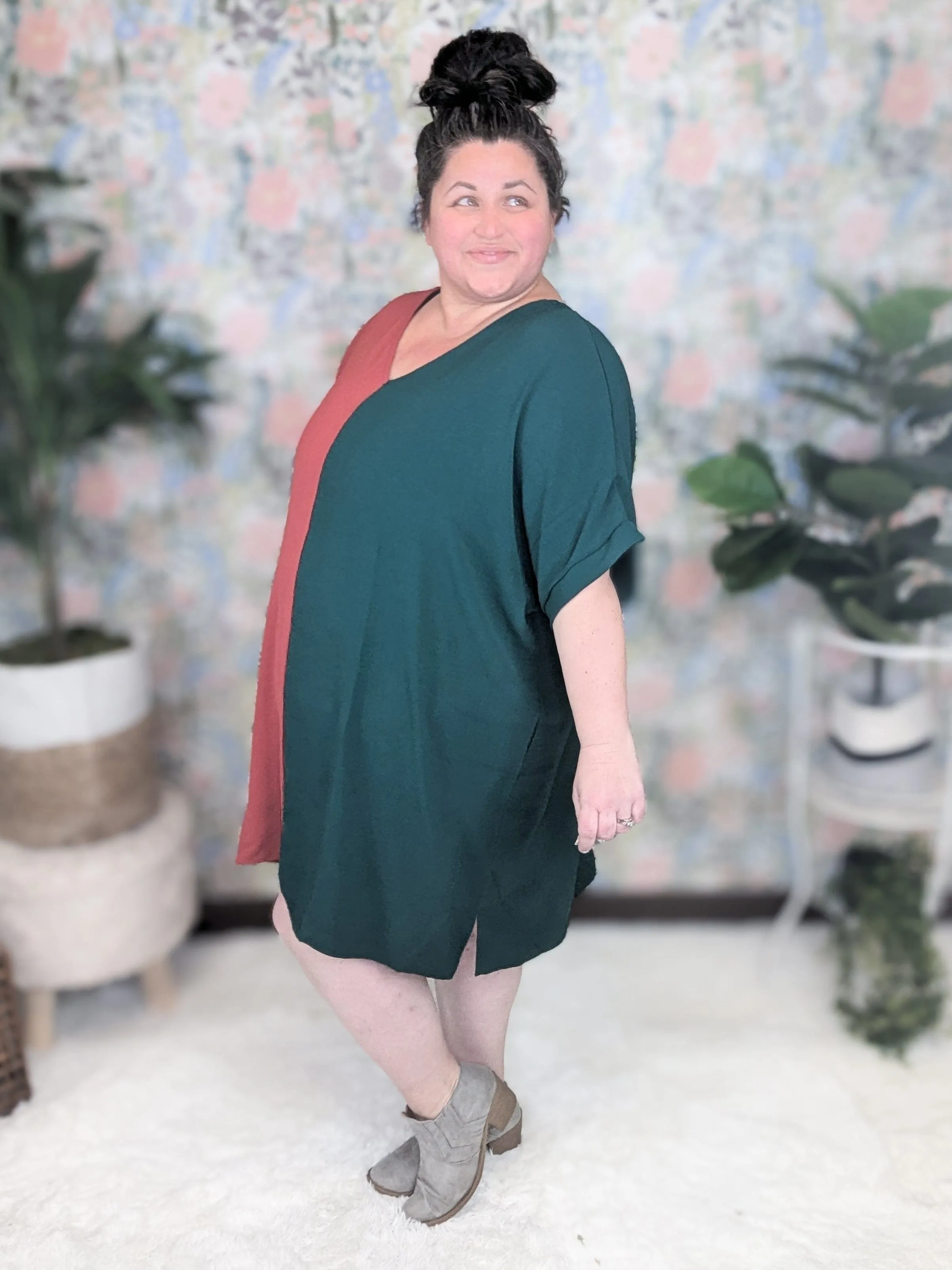 SALE- Neve Vneck Shift Dress in Rust   Evergreen Split