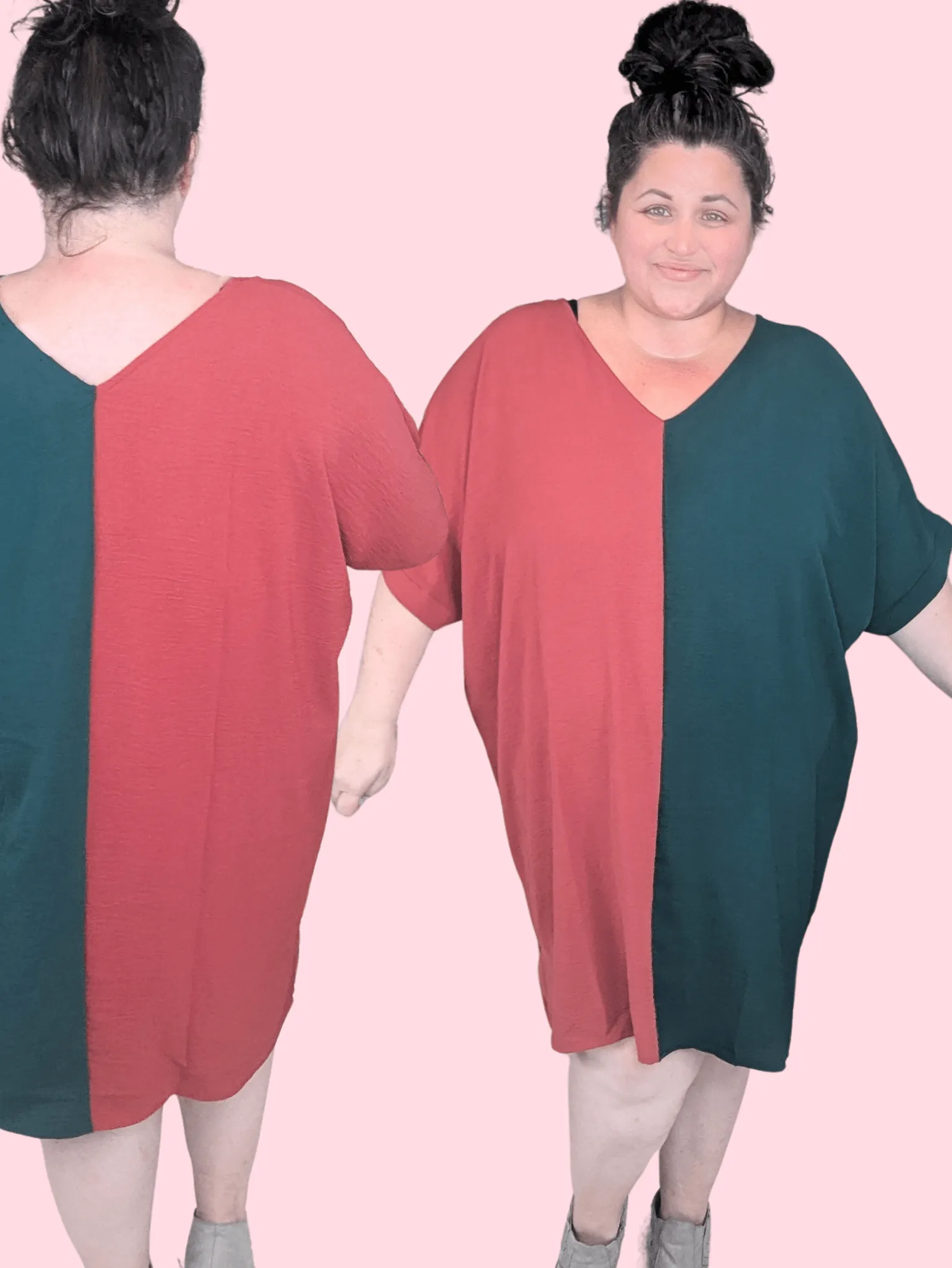 SALE- Neve Vneck Shift Dress in Rust   Evergreen Split