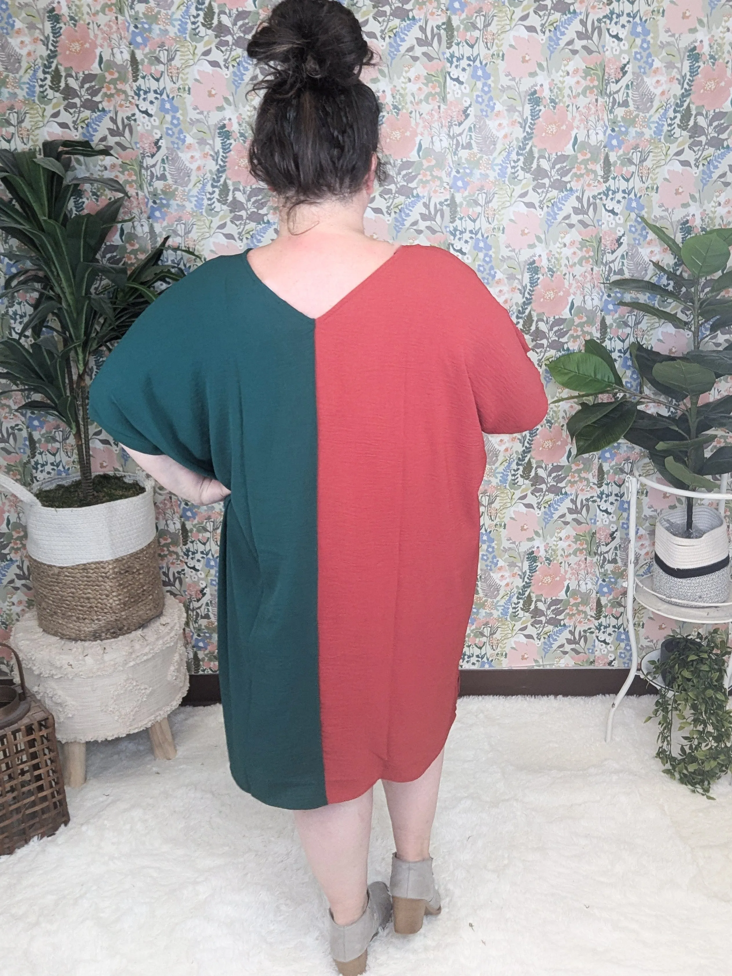 SALE- Neve Vneck Shift Dress in Rust   Evergreen Split