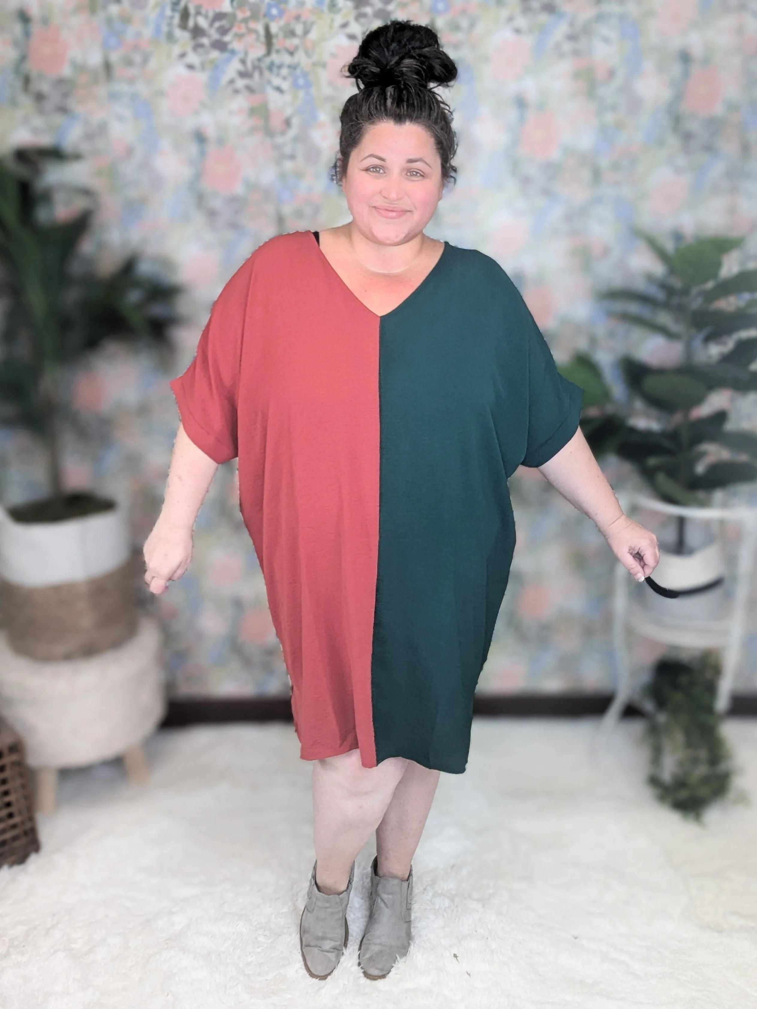 SALE- Neve Vneck Shift Dress in Rust   Evergreen Split
