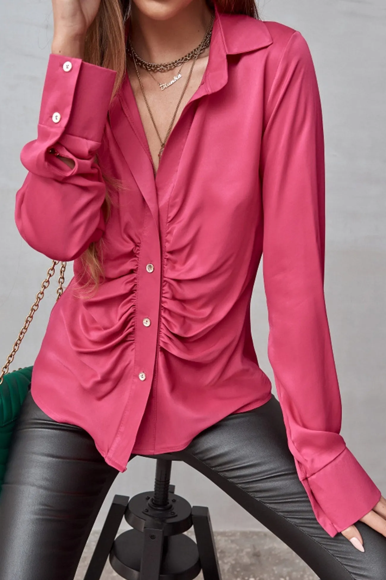 Satin Ruched Single-breasted Blouse