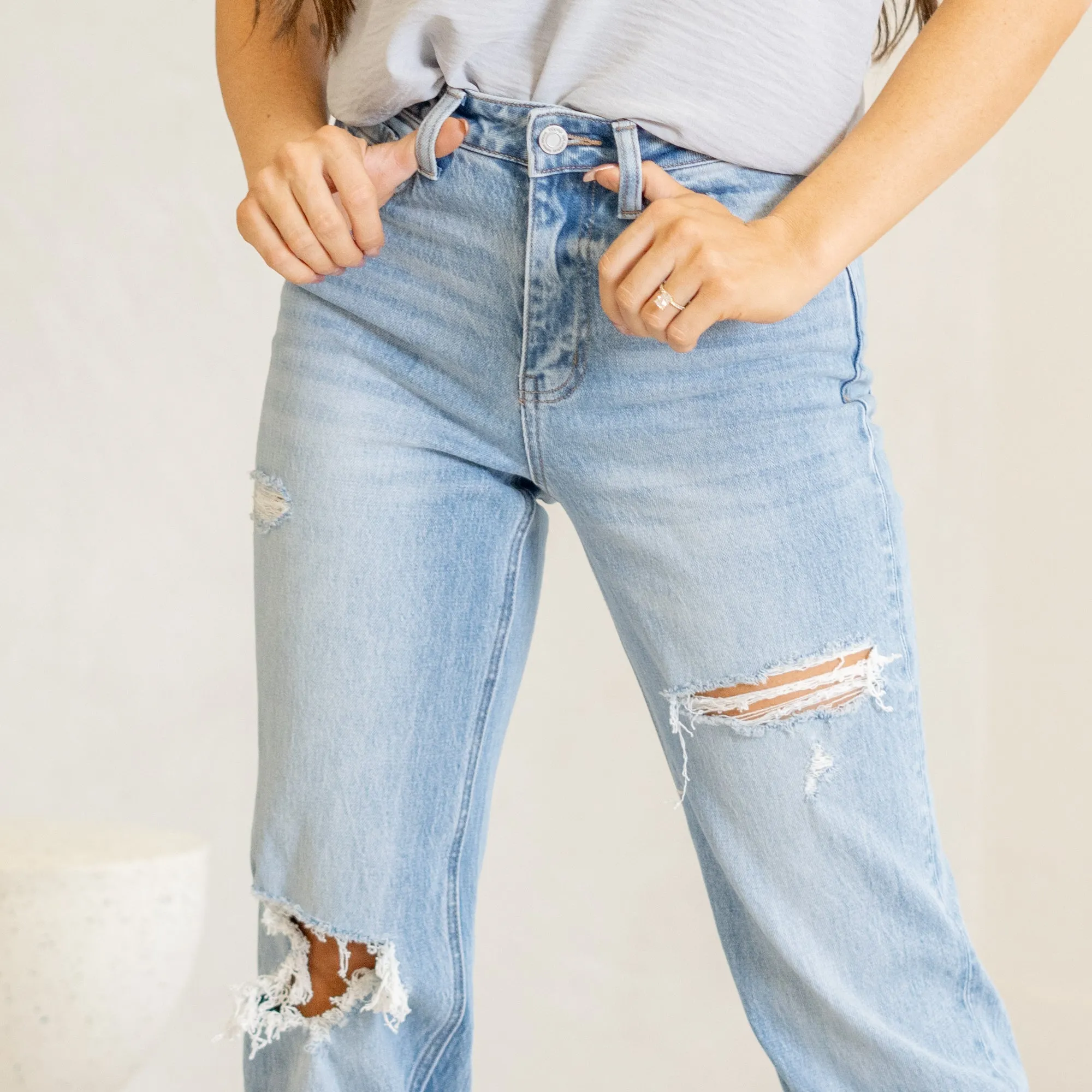 Satisfying Super High Rise Distressed Straight Leg