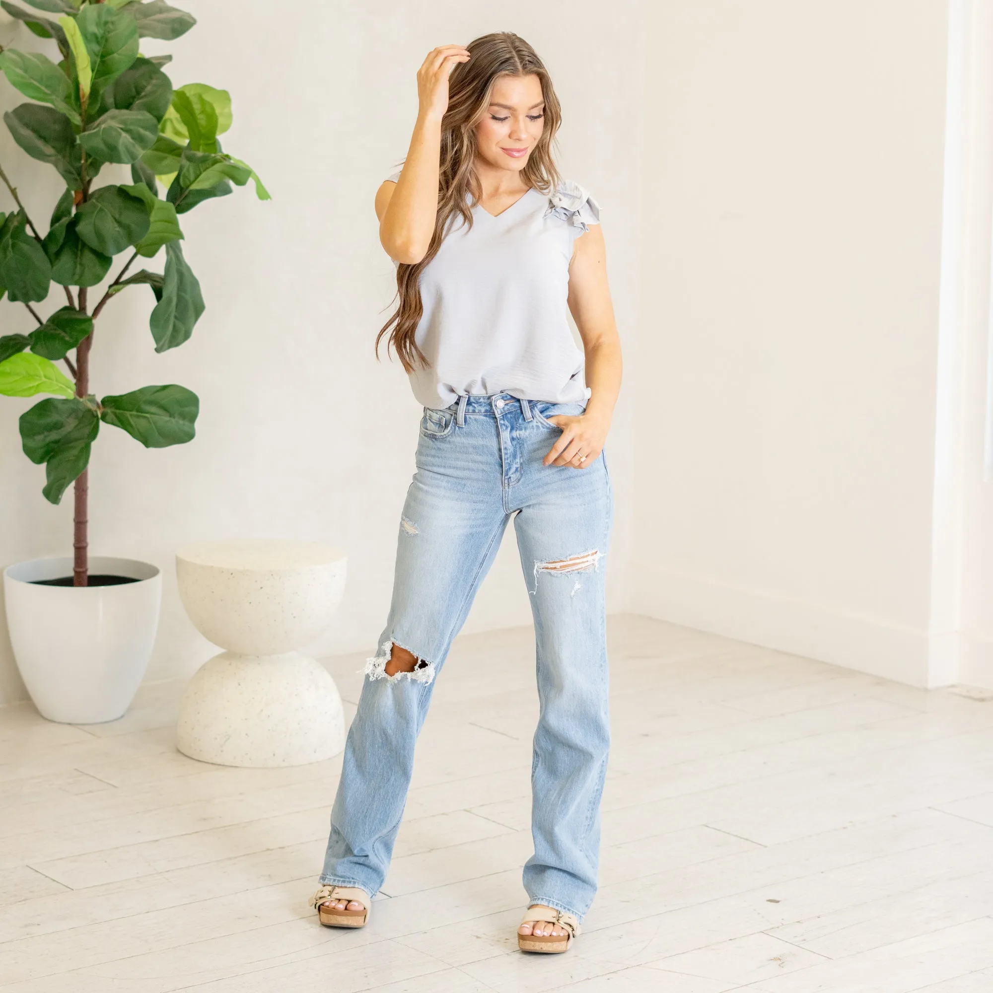 Satisfying Super High Rise Distressed Straight Leg